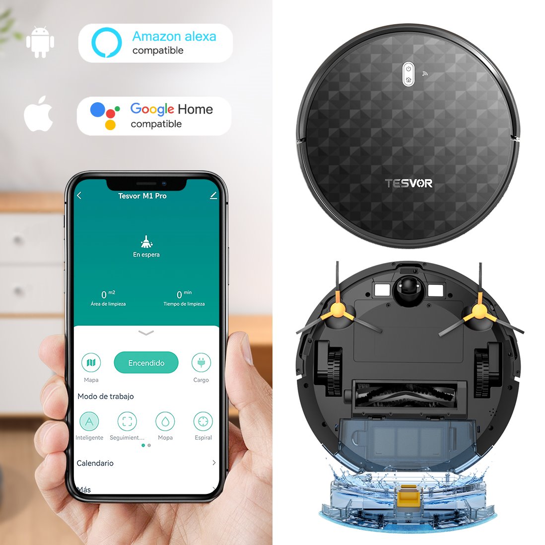 Robot aspirador Tesvor M1 Pro con 4000 Pa de potencia, robot aspirador inalámbrico con mapa de la habitación en tiempo real,